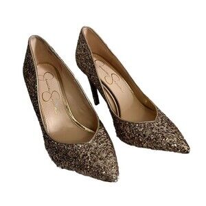Jessica‎ Simpson Women's Size 6.5M Holiday Haneh Heels Pump Gold Glitter Sparkle